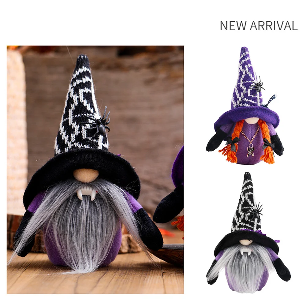 Broomstick de 2 piezas para Halloween, sombrero de copa, bruja, enano, gnomo, muñeca, adornos, lindo, enano de dibujos animados, decoración del hogar