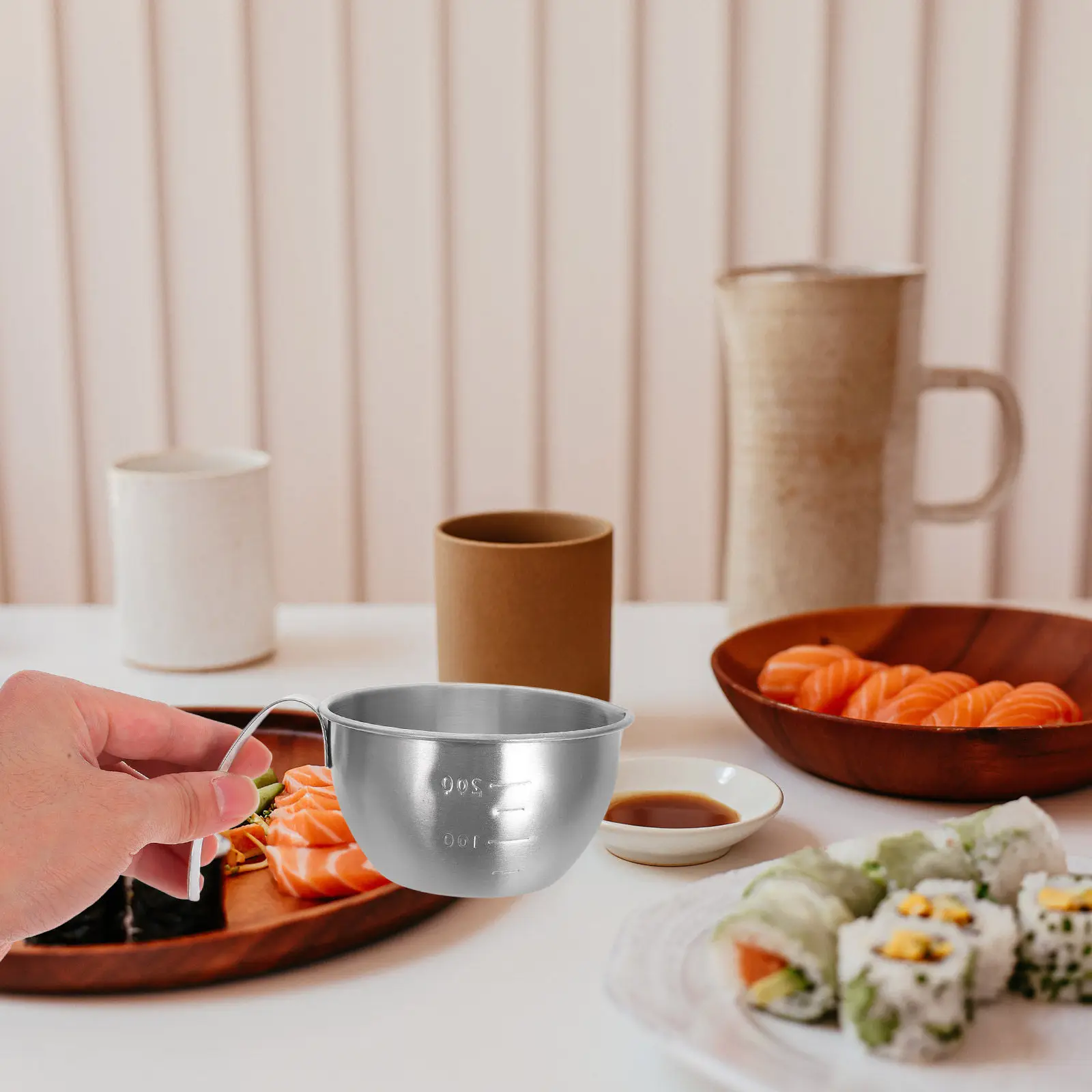 Tazón Mezclador de Acero Inoxidable de 200 ml con Asa y Marcas de Medición para Batir Huevos, Preparar Salsas y Repostería, Taza Medidora Pequeña para Cocina