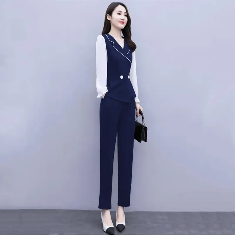 Elegant Patchwork Office Lady Pants Sets For Spring Autumn 2023 New Women Fashion Oversize Turn Collar Slim 2 Pieces Outfits