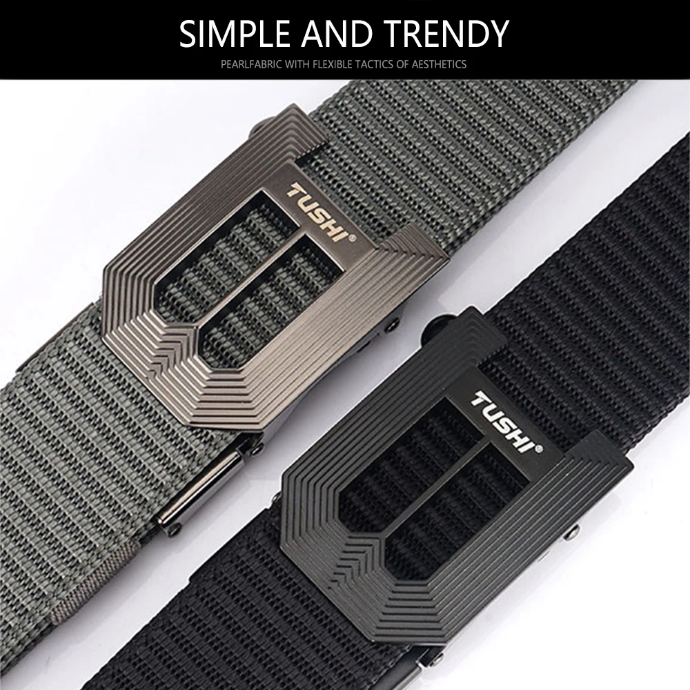 TUSHI Metal Automatic Buckle Nylon Male Army Outdoor Hunting Tactical Belt Mens Military Waist Canvas Belts High Quality Strap