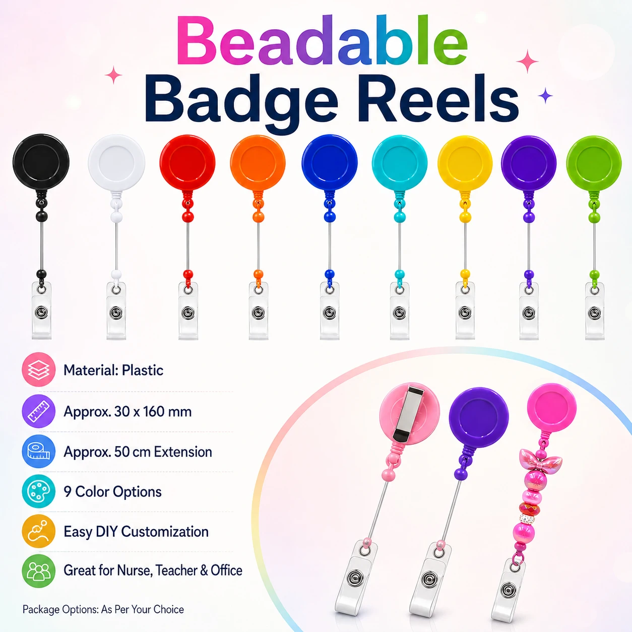 3 Pcs Retractable Beadable Badge Reel, Blank Bar Beaded Holder Clips with Belt Clip ID Name Badge Reels for DIY Craft