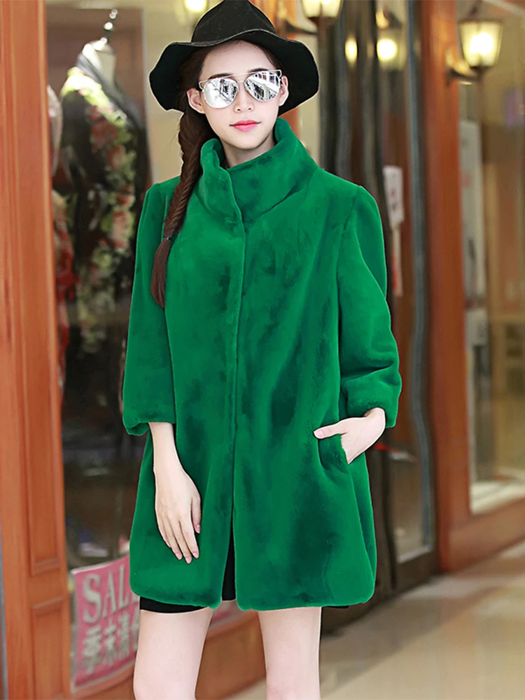 Nerazzurri Spring Winter Green Soft Loose Warm Faux Fur Coat Women 3/4 Sleeve Stand Collar Luxury Fluffy Jacket 2022 Fashion