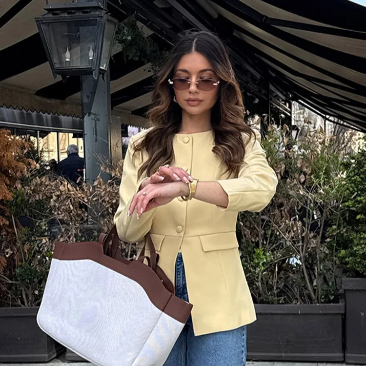 

High-End French-Style Slim-Fit round Neck Single-Breasted Professional Jacket Women's Fashion European American Style New Model