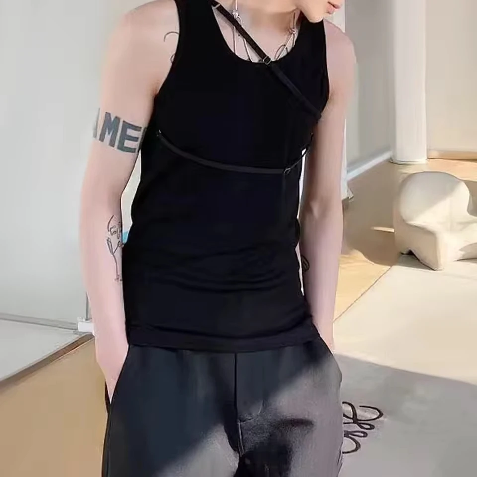 

Mens Sexy Strap Design Vest New Genderless Fashion Casual Streetwear Shaping Nightclub Versatile Solid Color Vest Unisex