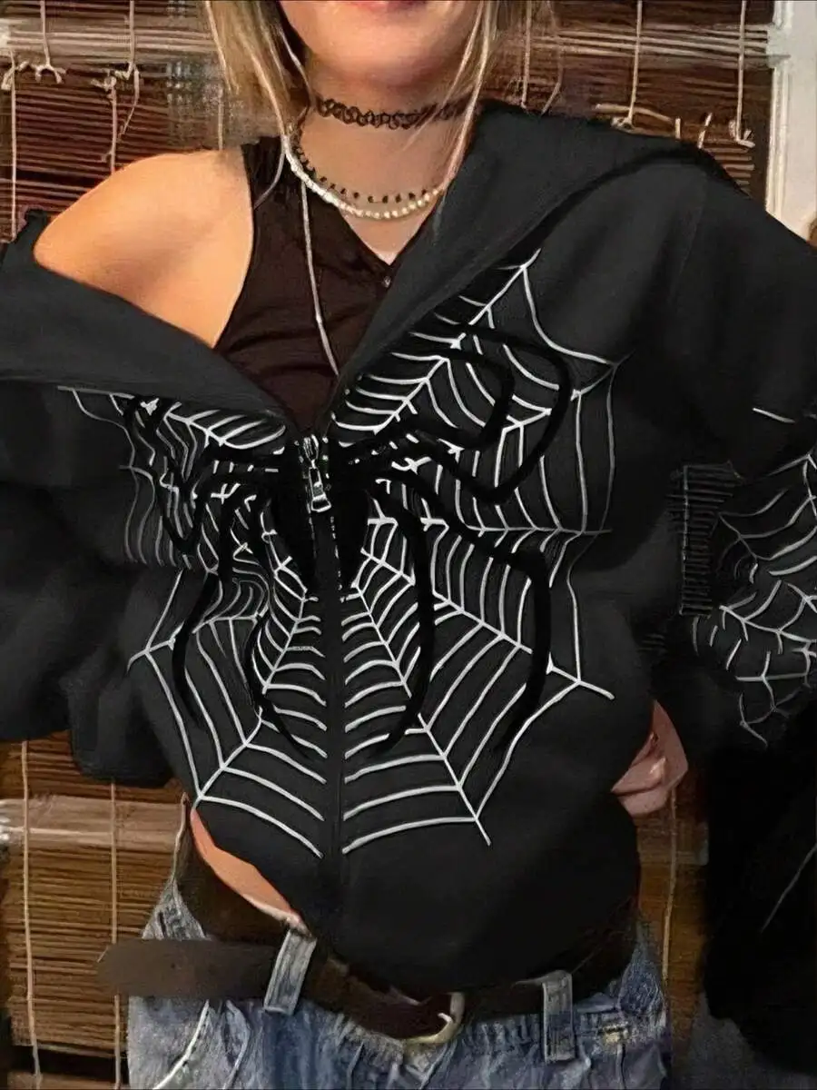 Gothic Spider Web Print Hoodie |   Oversized Full-Zip Punk Jacket |   Unisex Streetwear Coat