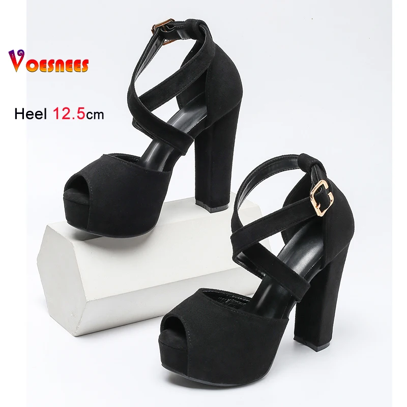 حجم كبير الصيف الصليب مشبك حزام الجلد المدبوغ الصنادل للنساء 12.5 سنتيمتر عالية الكعب الأسود سميكة منصة اللمحة تو أحذية امرأة مثير #6