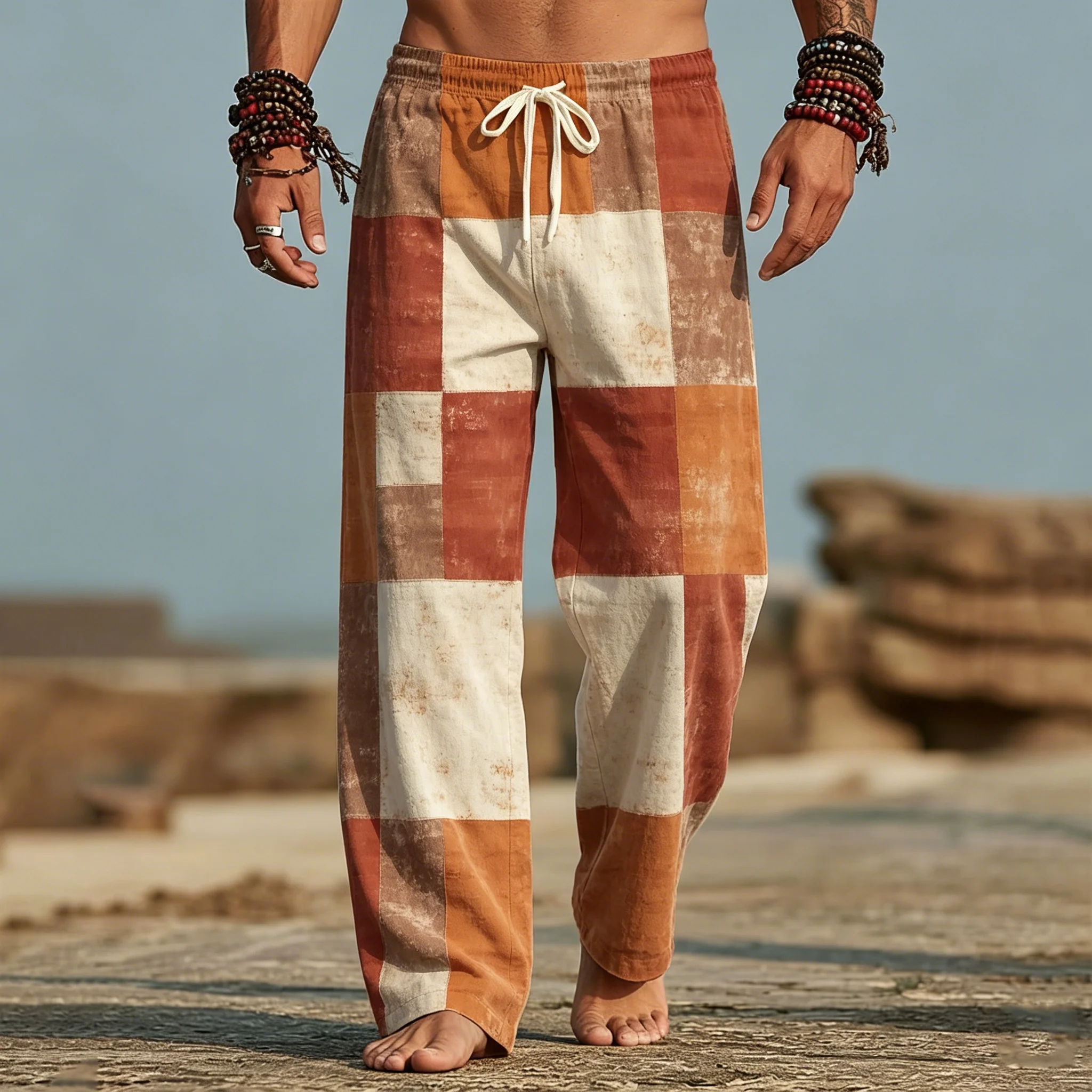 

Men's Vintage Washed Earth-Tone Checkered Patchwork Drawstring Wide Leg Pants, Casual Loose Trousers for Spring Summer Wear