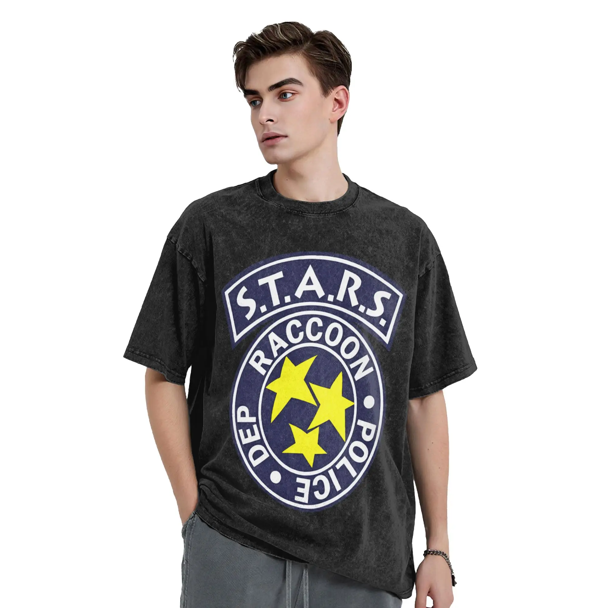 STARS Raccoon Washed T Shirt Men  Y2K Fun Casual T-Shirts Summer O-Neck Hip Hop Tee Shirt Print Plus Size Clothes