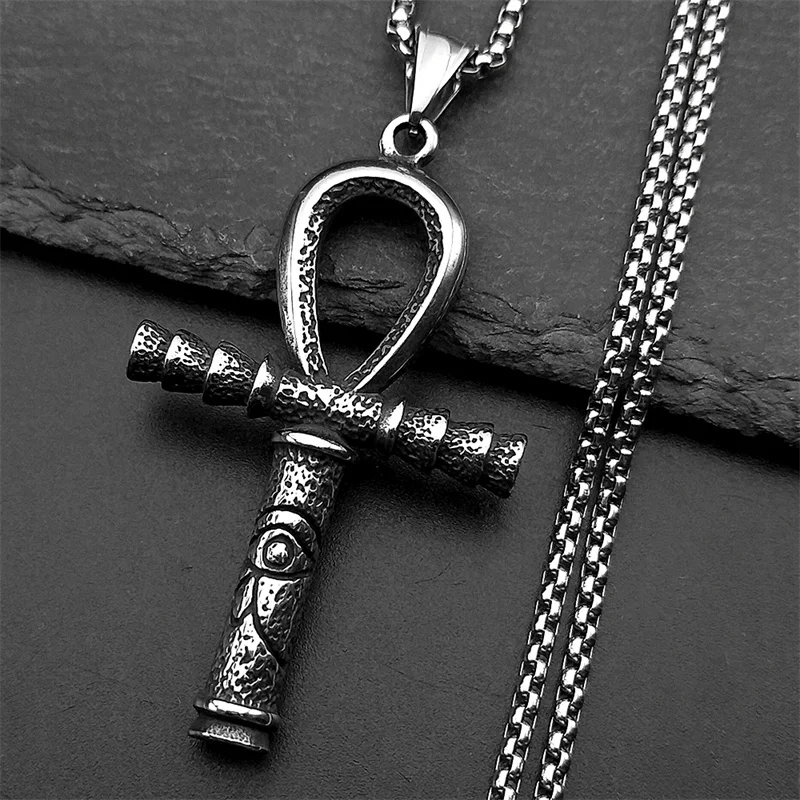Olho de ra horus ankh cruz pingente colares para mulheres homens aço inoxidável cor prata mitologia olhos egípcios símbolo jóias