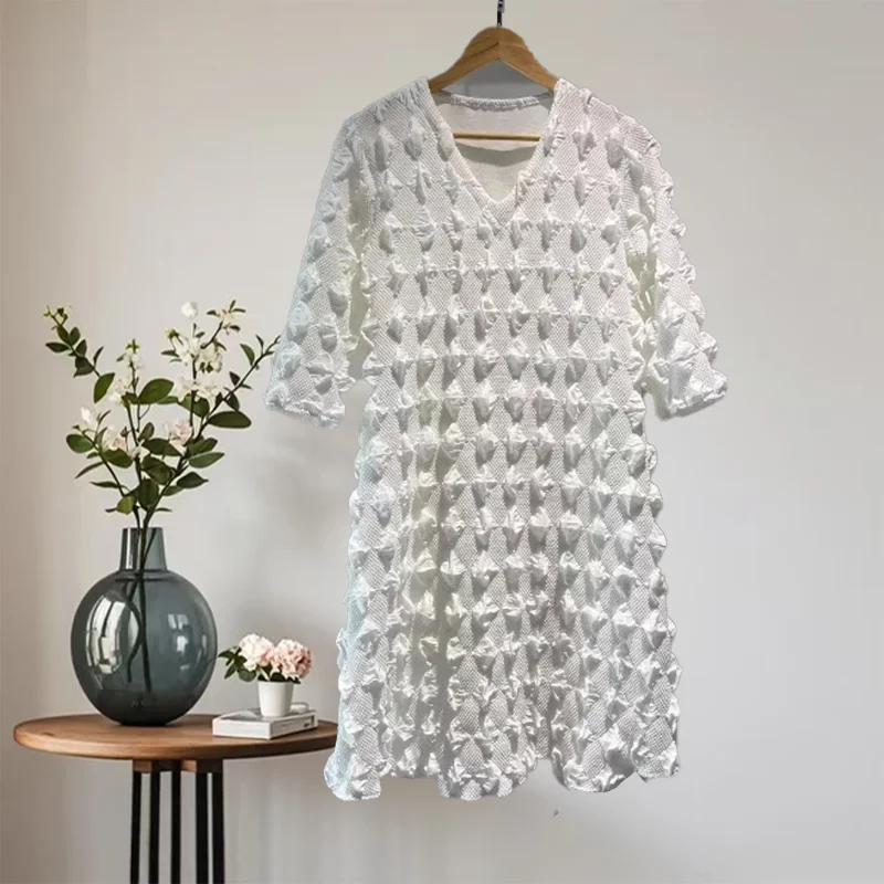 

Miyake Pleated Women's Long Dress Bat Sleeve Elegant Temperament Skinny Bubble Dress Large Size Simple Shopping Long Dresses