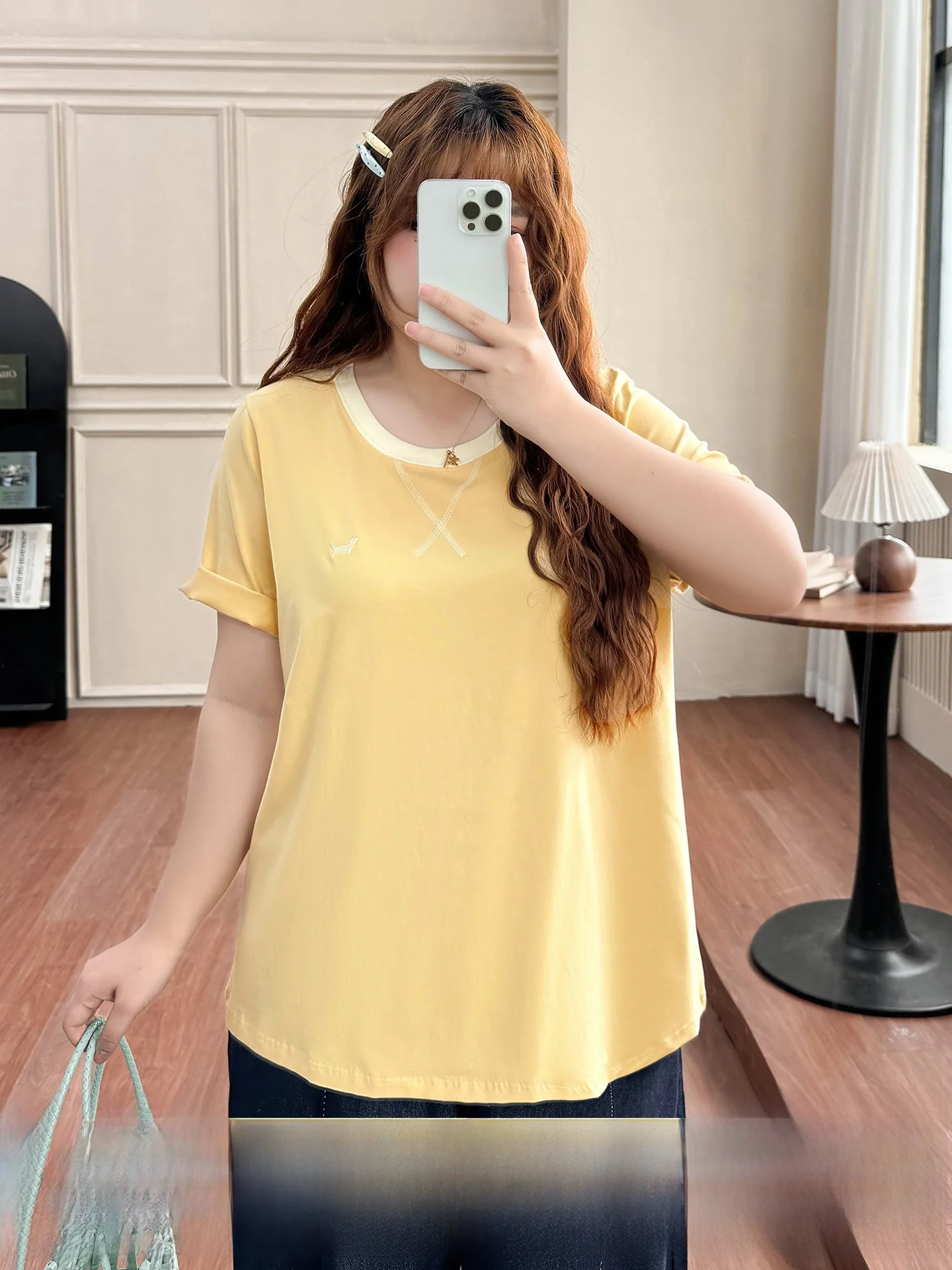 

plus Size Women's T-Shirt Embroidered Ice Porcelain Cotton Loose round Neck Commute Style Summer Top for Heavy Girls