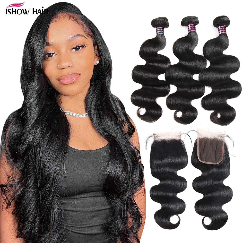 Isshow-Indian Body Wave Pacotes com Fechamento, 100% Cabelo Humano, Fechamento de Renda com Cabelo Do Bebê, Não Remy Hair Weave, 3 Pacotes