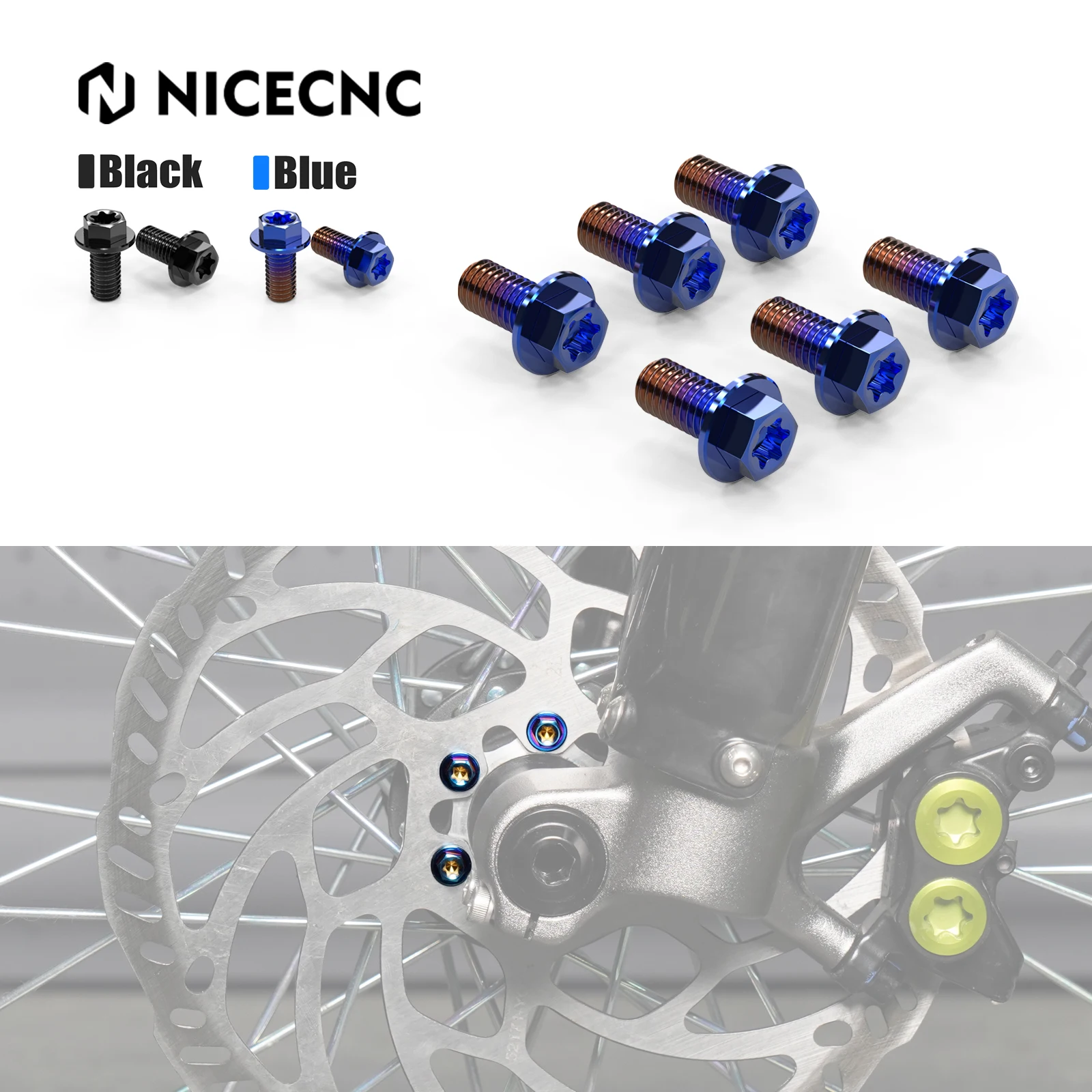 NICECNC For 2024 Surron Light Bee X S L1E Electric Dirt Bike Front Brake Disc Pad Screws 6PCS M5*10 Titanium Bluing Bolts Kit