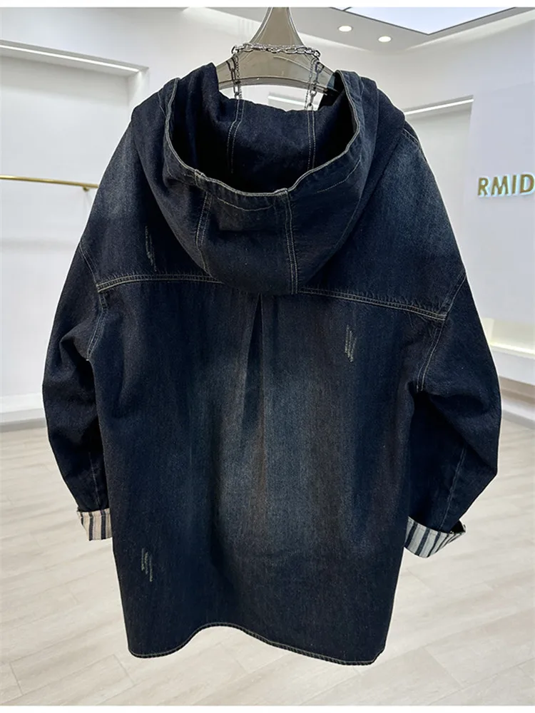 

Casual Vintage Denim Short Coat Women 2026 Autumn New Fashion Hooded Tops Cuffs Splicing Jeans Jacket Female Loose Outwear