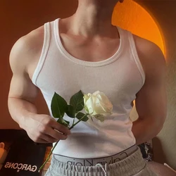 2023 Summer Casual Simple Solid Ribbed Tank Top Men Clothes Leisure Slim O Neck Sleeveless Basic Vest Tee Men's Fashion Camisole