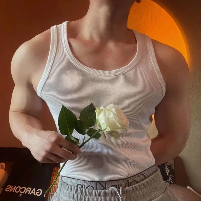 2023 Summer Casual Simple Solid Ribbed Tank Top Men Clothes Leisure Slim O Neck Sleeveless Basic Vest Tee Men's Fashion Camisole