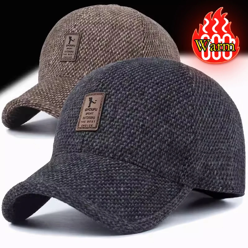 Men Winter Baseball Cap for Dad Outdoor Cycling Ear Protection Warmth Peaked Hat Sunhat Woolen Knitted Bomber Hats with Ear Flap