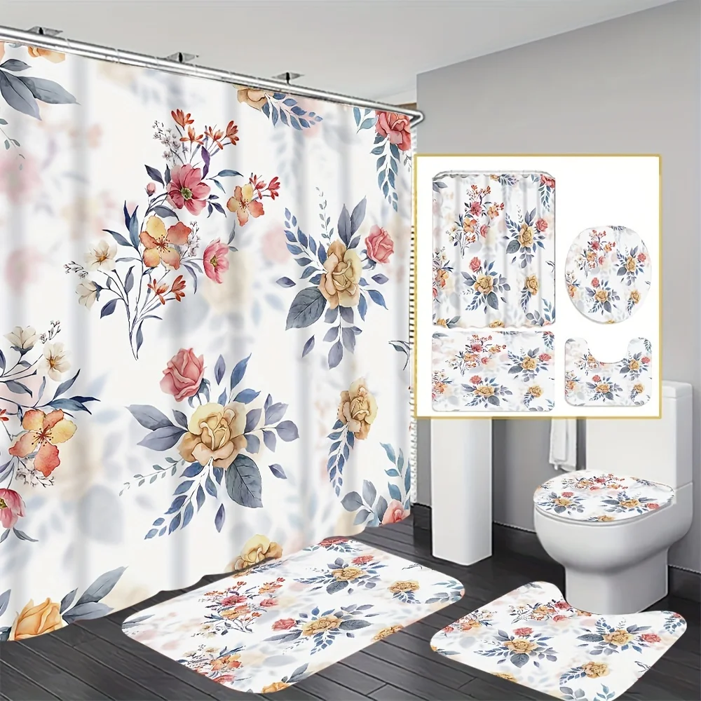 

4шт небольшого украшения для ванной комнаты с принтом свежих роз, занавески для душа, нескользящий напольный коврик, коврик для сиденья унитаза, U-образный коврик