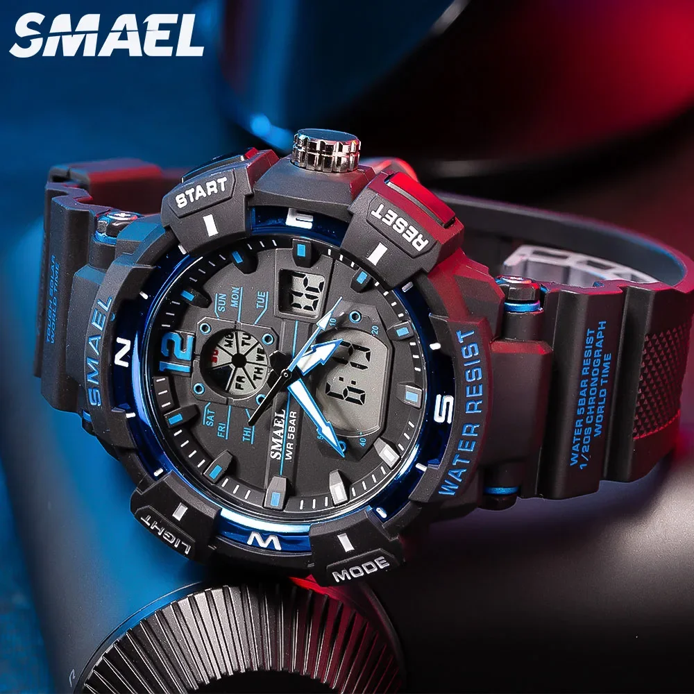 SMAEL-8045 Multi-funcional impermeável relógio de quartzo eletrônico, esportes Dual Display, Cool Shockproof Watch