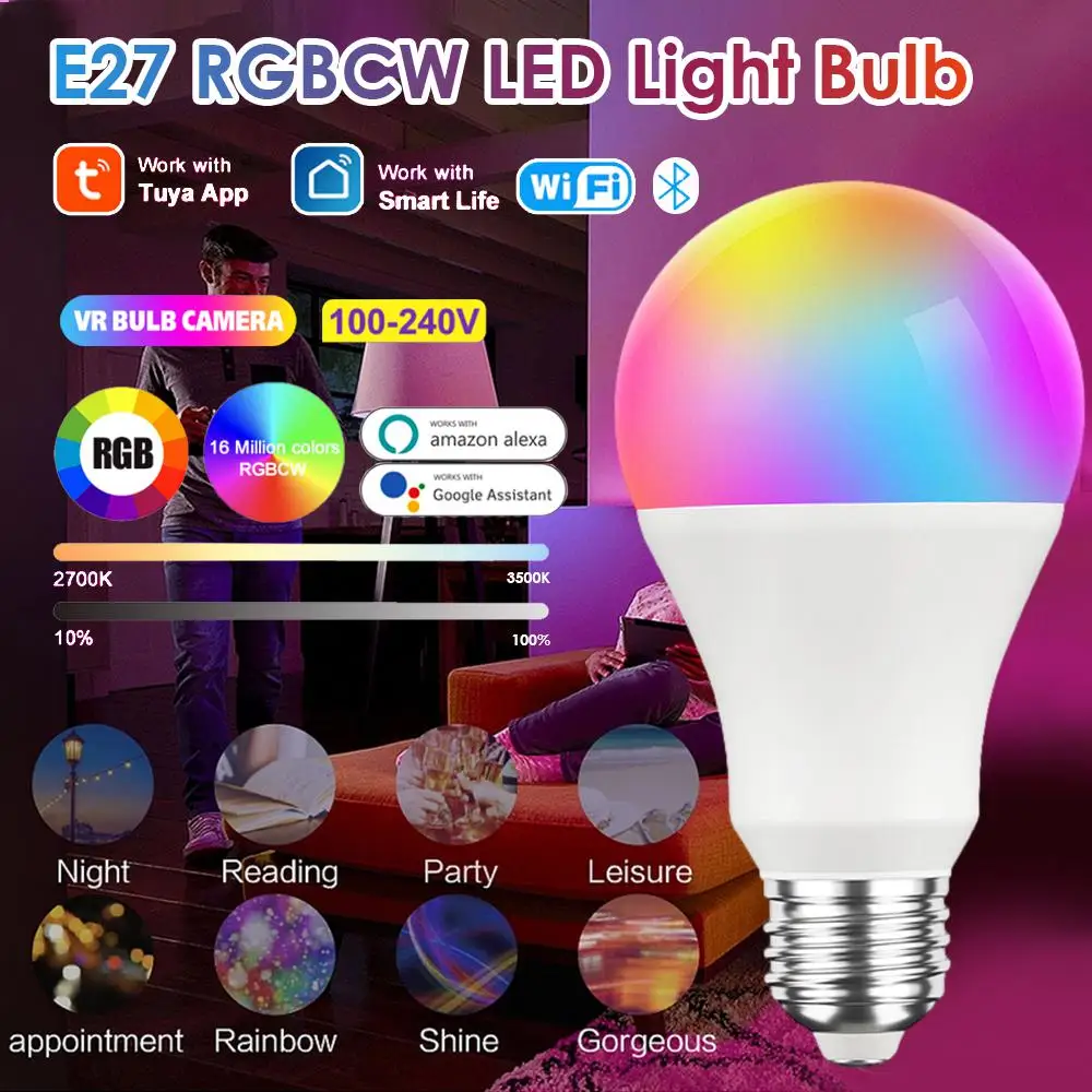 15W TUYA Smart WiFi E27/E26 RGBCW LED Light Bulb Lightbulbs Alexa Lamp Google Home Yandex Alice 100-240V Dimmable Magic Bulbs