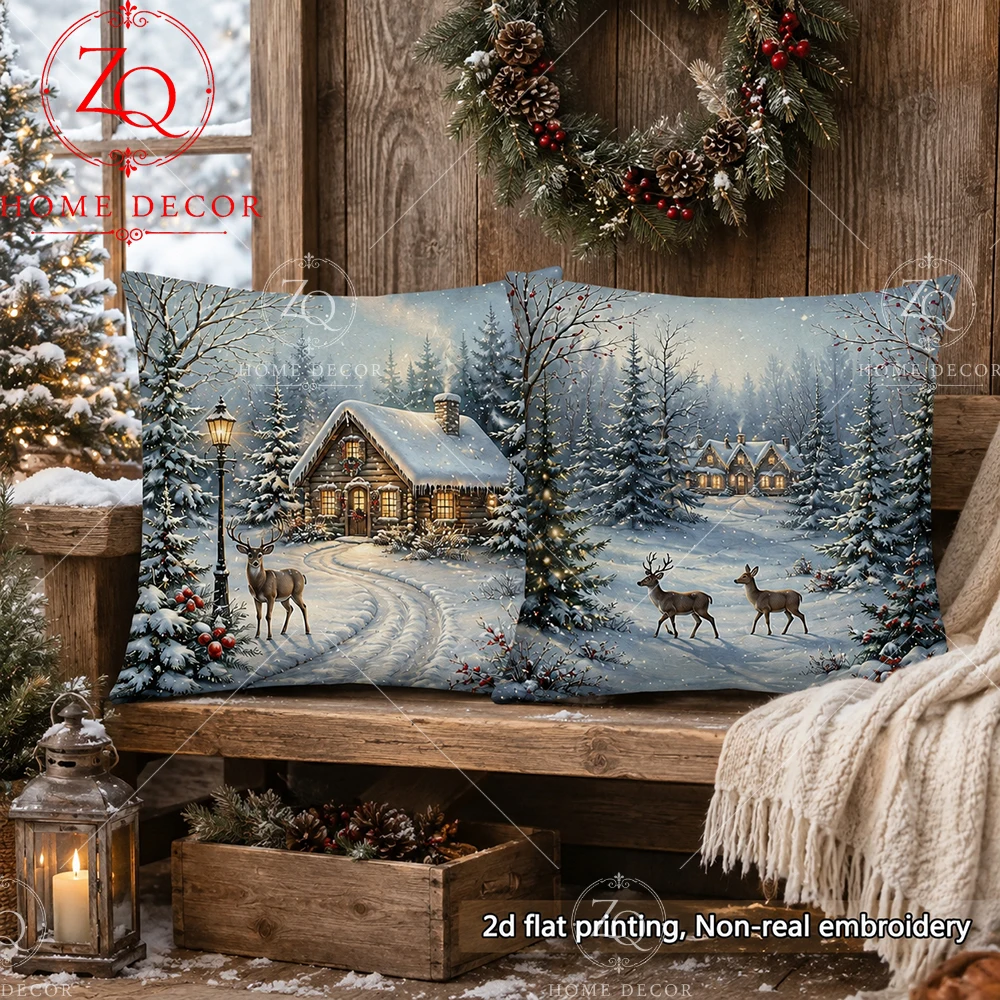 Winter Snow Cabin Throw Pillow Cover 2D Flat Printed Peach Skin Christmas Deer Cushion Case Pine Pillowcase Bed Sofa Home Decor