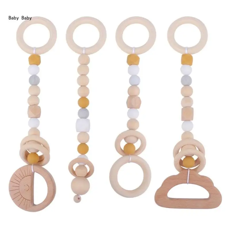 

4 Pcs/ Baby Infant Gym Frame Pendant Beech Wooden Ring Teether Stroller Rattle Q81A