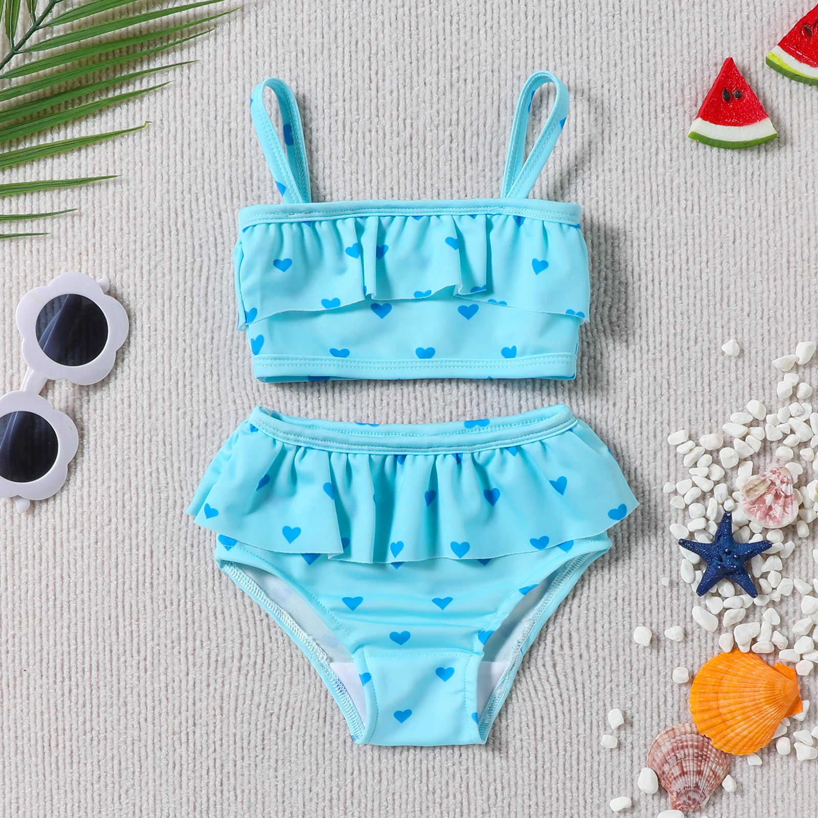 Kids Split Swimwear Bikini Set Blue Love Print Suspender Shorts Casual Fashion Girls Swimsuit 2PCS Summer Beachwear 6-24M 2-4T