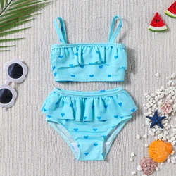 Dwuczęściowe stroje kąpielowe zestaw Bikini dla dzieci niebieski z miłosnym nadrukiem majtki z podwiązkami Casual moda strój kąpielowy dla dziewczyn 2PCS letnie stroje plażowe 6-24M 2-4T