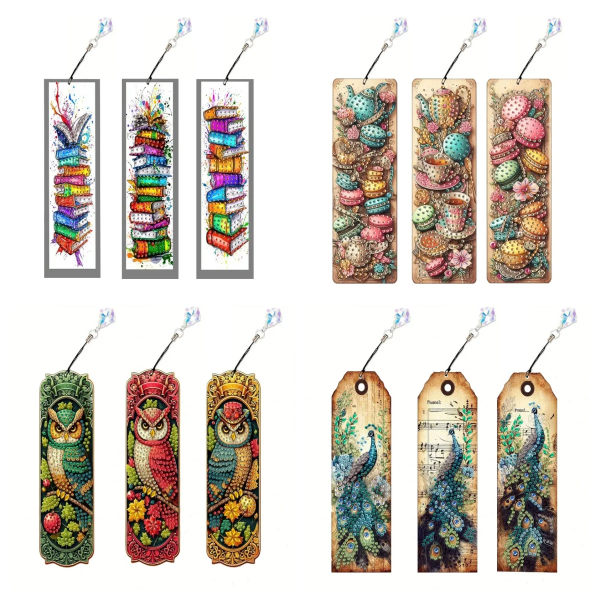 4-Piece DIY Diamond Painting Set, Dot Diamond Owl/Peacock Pattern Bookmark with Tassels, 19.5X5.8cm