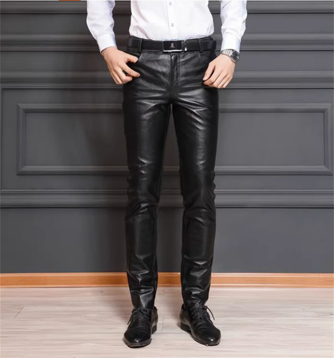 

Leather pants men's top layer cowhide slim fit small leg pants autumn and winter thin design