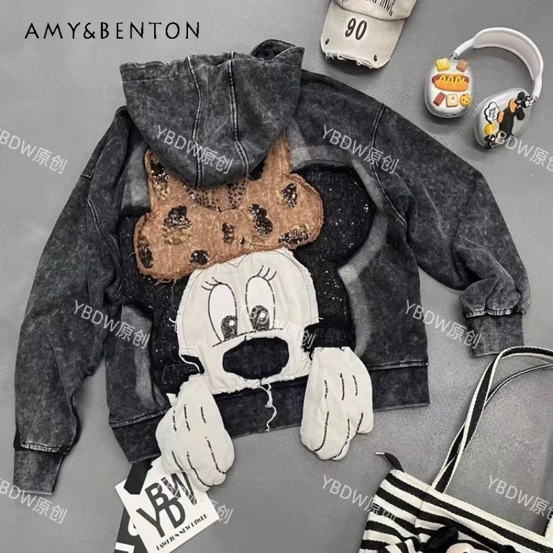 

2025 New Autumn And Winter Hooded Fashion Heavy Industry Embroidery Cartoon Loose Sweatshirts Long Sleeves Zipper Jacket Female