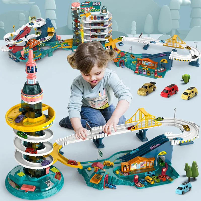 Electric Rail Car Dinosaur Building Parking Lot Adventure Racing Rail Car Toys Children Brain Mechanical Interactive Rail Cars