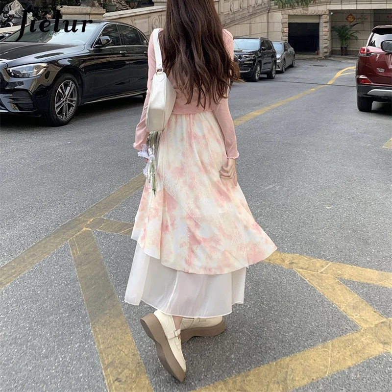 Jielur Spring Fashion Sweet Women Irregular Dress Retro Panel Long Sleeved Top Fragmented Flower Half Skirt Two Piece Set Dress