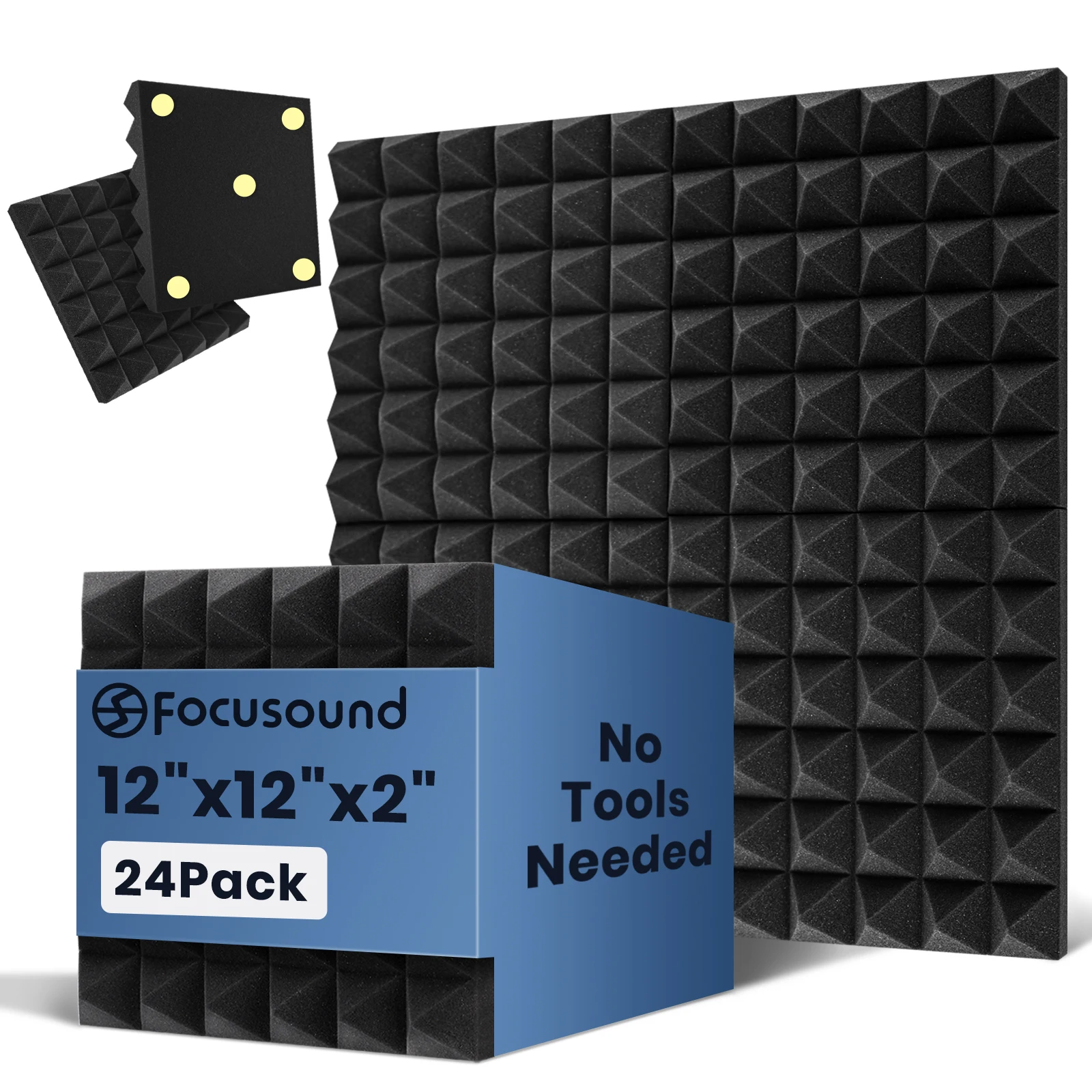 

24 Packs Acoustic Foam Soundproofing Panels Pyramid 2" X 12" X 12" Wall Acoustic Panels with 120 PCS Double-Side adhesive