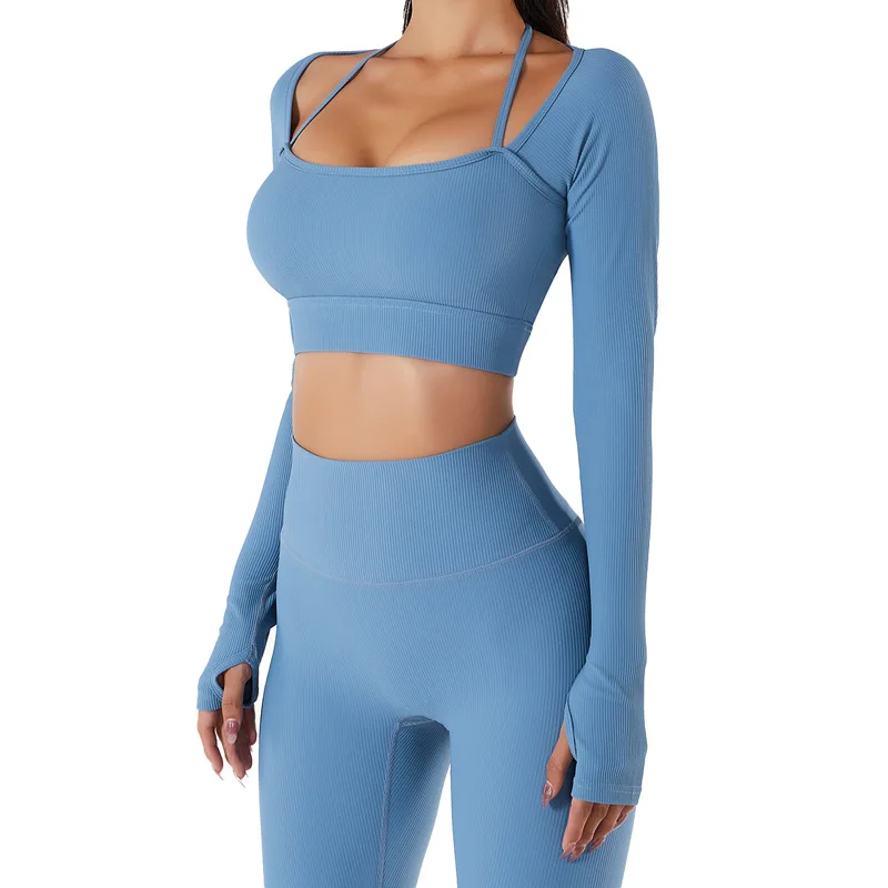 Women Yoga Set Sleeve Crop Top Seamless Fitness Clothes Tight Solid Long Sleeve Yoga T-Shirt Halterneck Shirt with Chest Pad