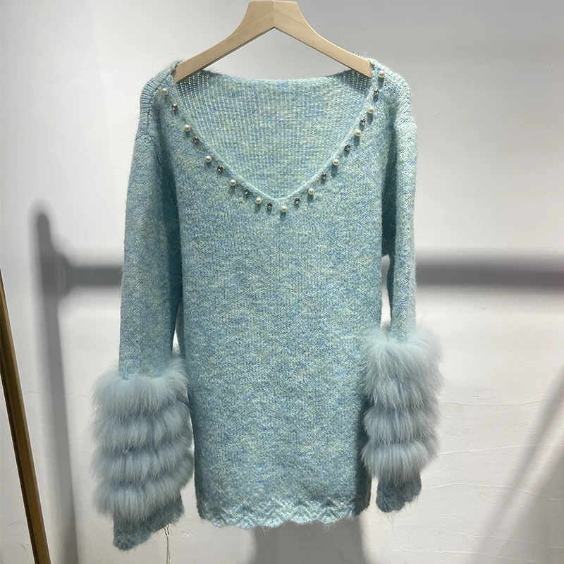 2025 가을 여성 비즈 장식 리얼 폭스 퍼 스웨터 리얼 퍼 봄 신상 니트 자켓