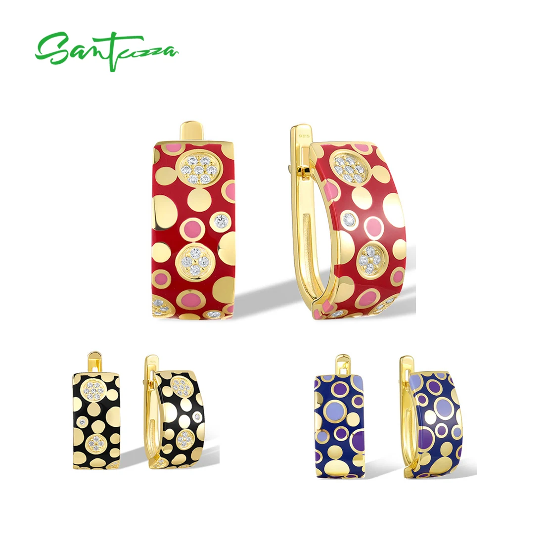 SANTUZZA Real 925 Sterling Silver Earrings For Women Sparkling Mixed Color Enamel Delicate Bohemian Pattern Popular Fine Jewelry