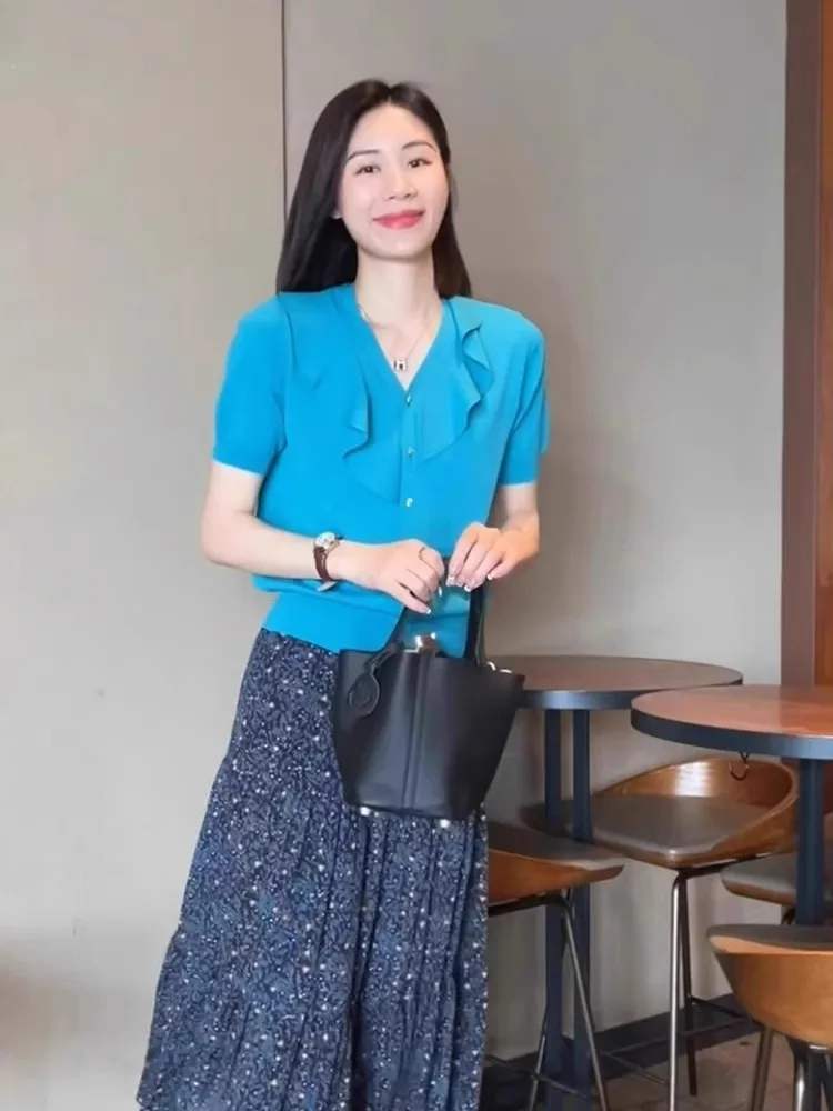 Gentle Wind Ice Silk Knitted Short Sleeve V-Neck Women's Open Cardigan Beautiful Lace  Splicing Summer Fashion Top