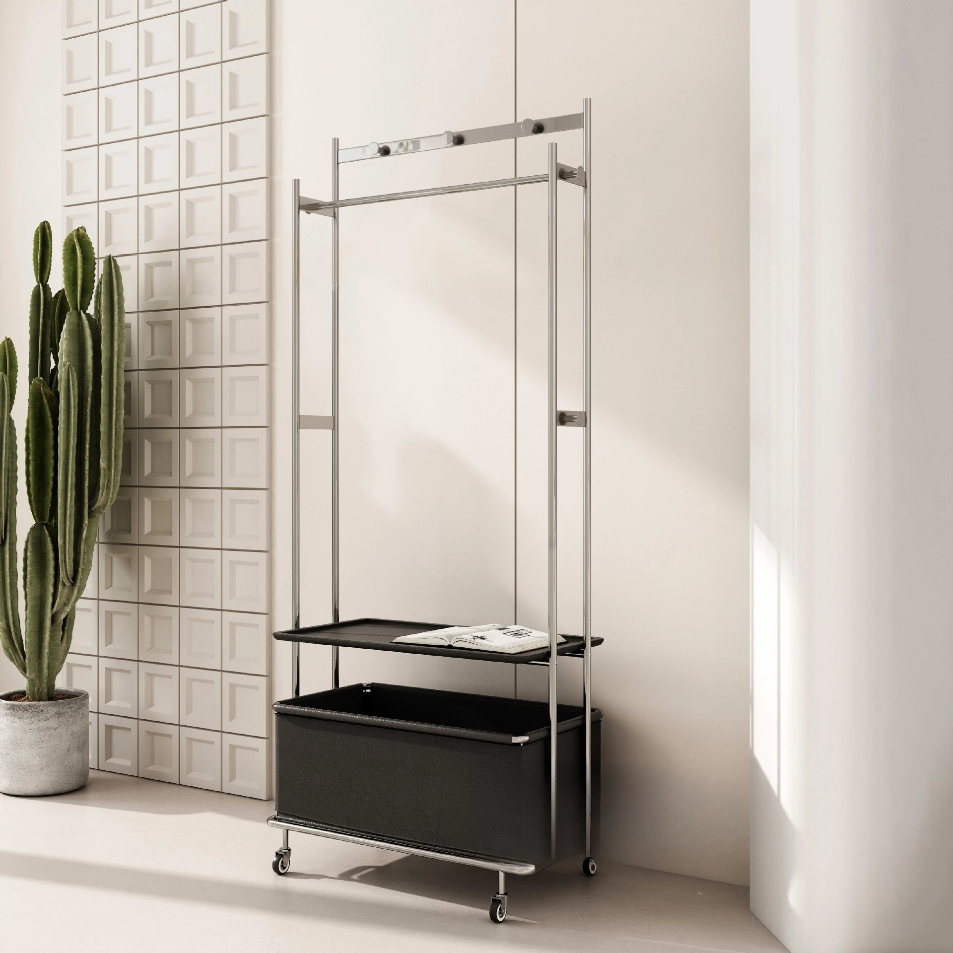 شماعة من الخشب الصلب من العصور الوسطى من الفولاذ المقاوم للصدأ، رف معطف أرضي متحرك، شقة صغيرة، غرفة نوم متعددة الوظائف #3