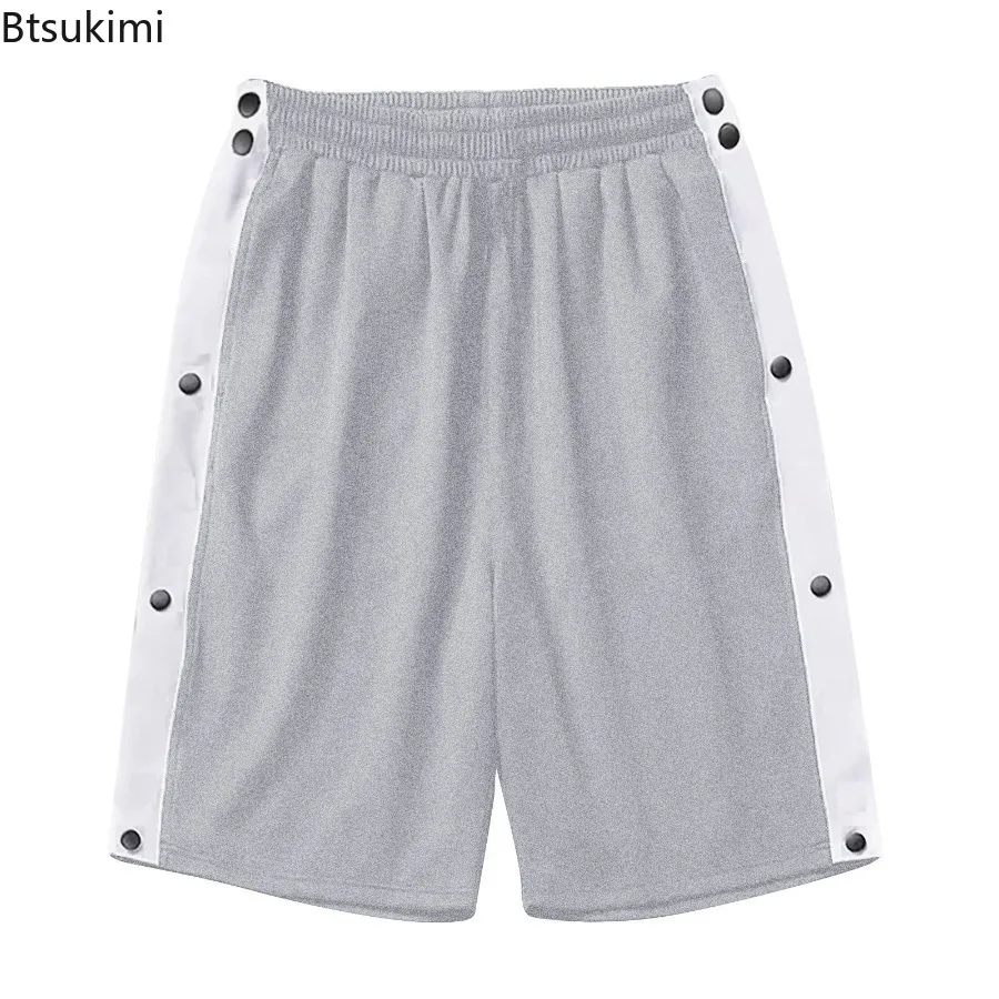 New Men's Summer Casual Pockets Shorts Loose Side Buckle Split Straight Shorts Elastic Waist Men Sport Training Basketball Pants