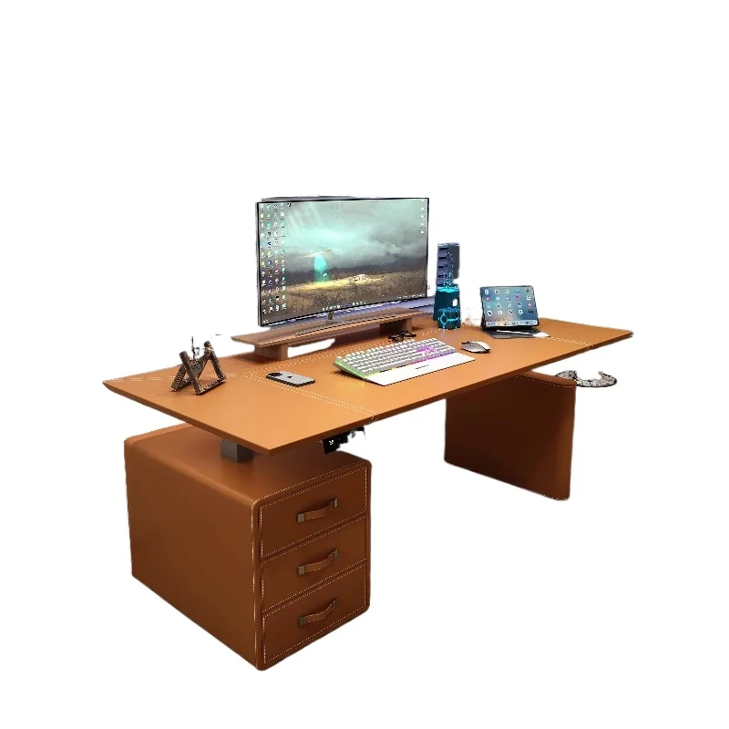 Smart electric height-adjustable office desk with saddle leather surface, dual plugs, office e-sports learning workbench