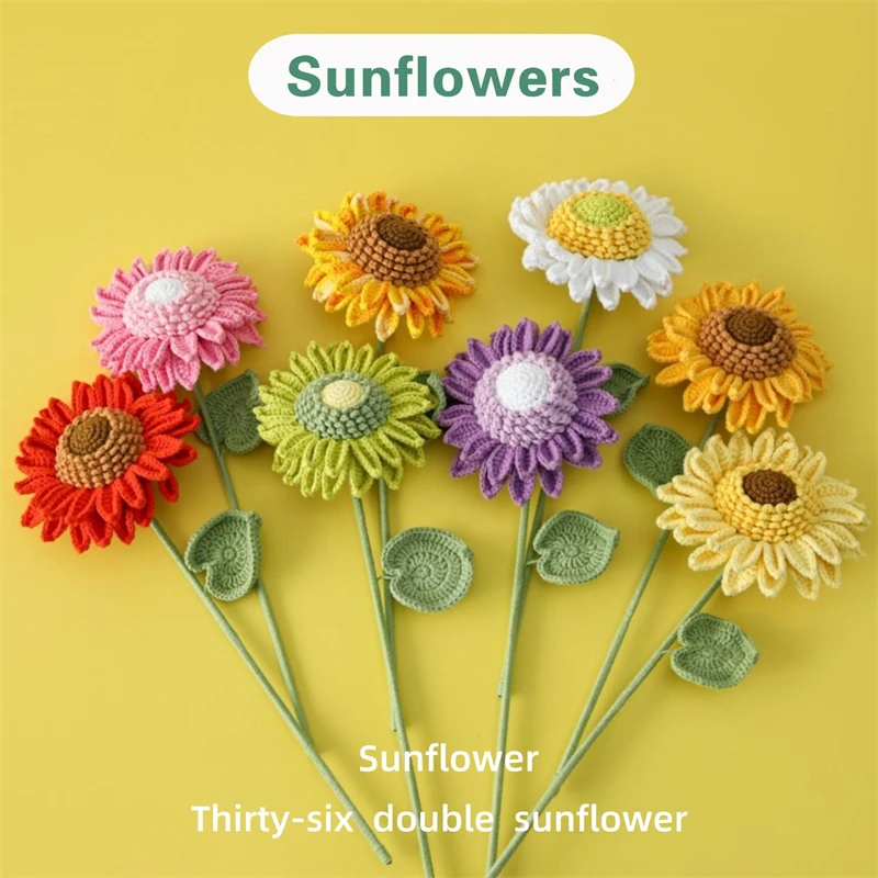 Finished Handmade Yarn Woven 36 Petal Double-Layer Sunflower Gradient Simulation Flower Holiday Gift 13cmx6cmx40cm