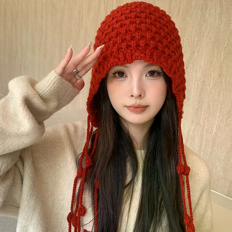 Sweet Handmade Autumn Winter Knitted Beanies Hat Wool Warm Ear Protection Hat Windproof Tassel Pullover Hat