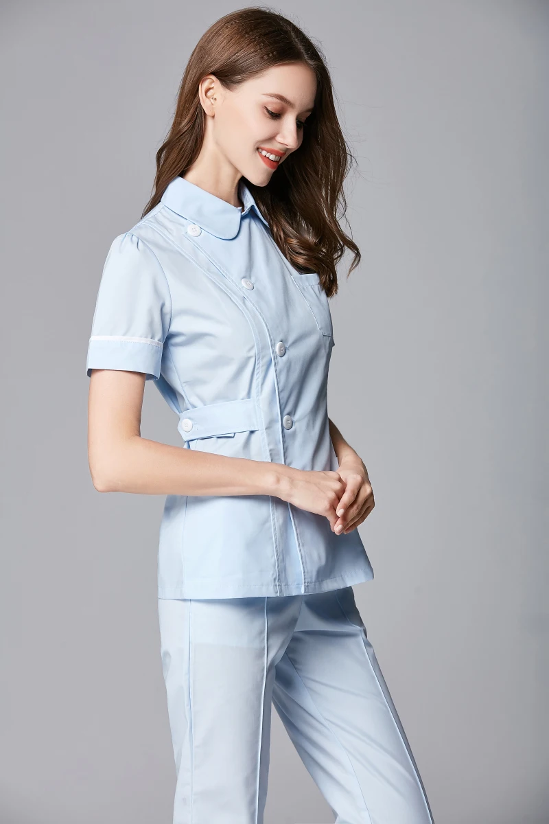 Front Side Button Opening Nurse Uniform Summer Short Sleeve Simplicity Beauty Salon Skin Caring Dental Workingwear Top+Pant