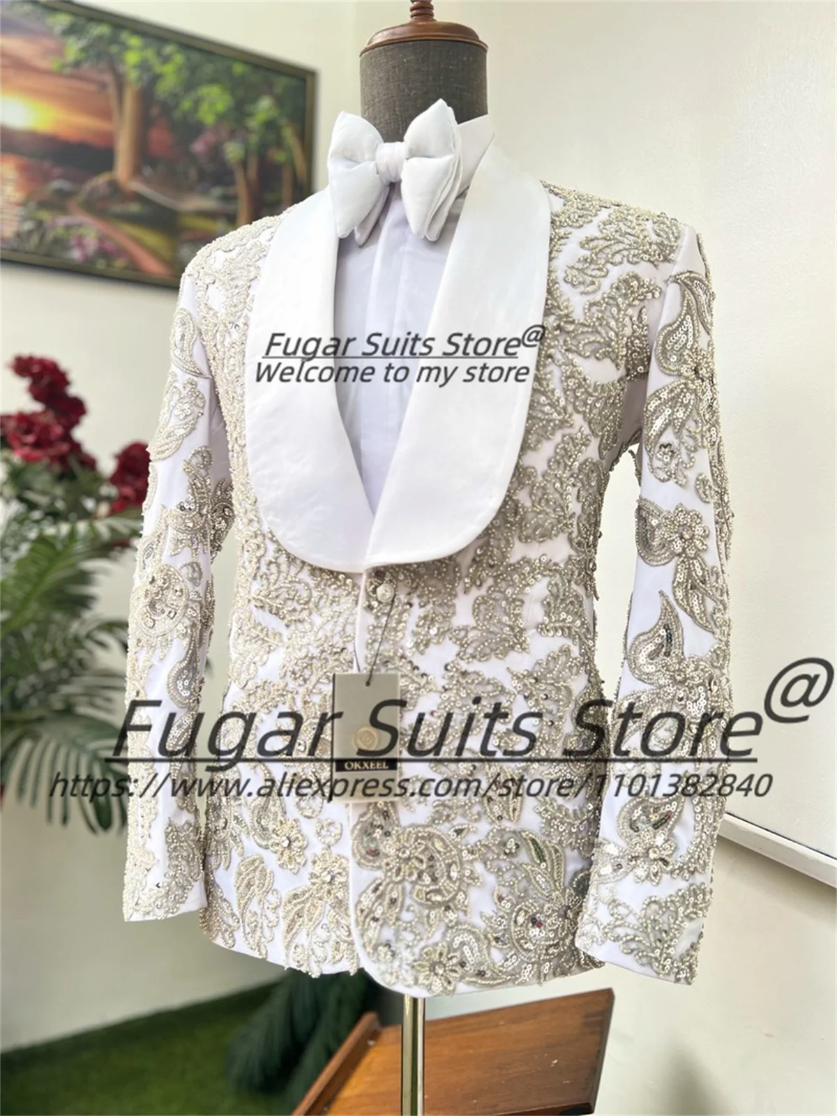 

Luxuly White Shiny Beadwork Men Suits Slim Fit Shawl Lapel Groom Formal Tuxedos 2 Pieces Sets Elegant Male Blazers Ropa Hombre