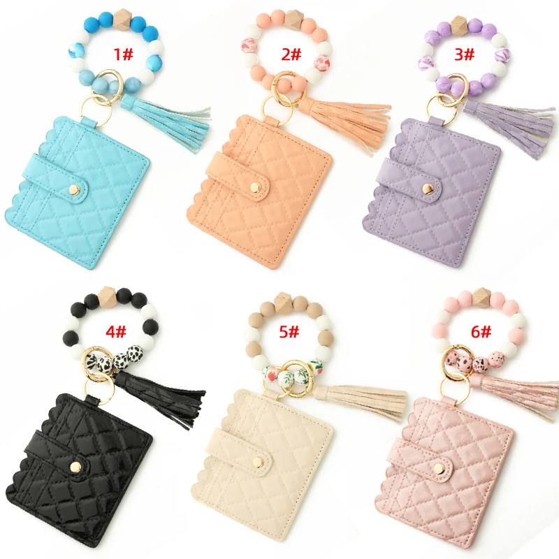 Silicone Bead Bracelet Solid Leather Card Bag Wristlet Keychain Silicone Beaded Bracelet Leather Tassel Wallet Bangle