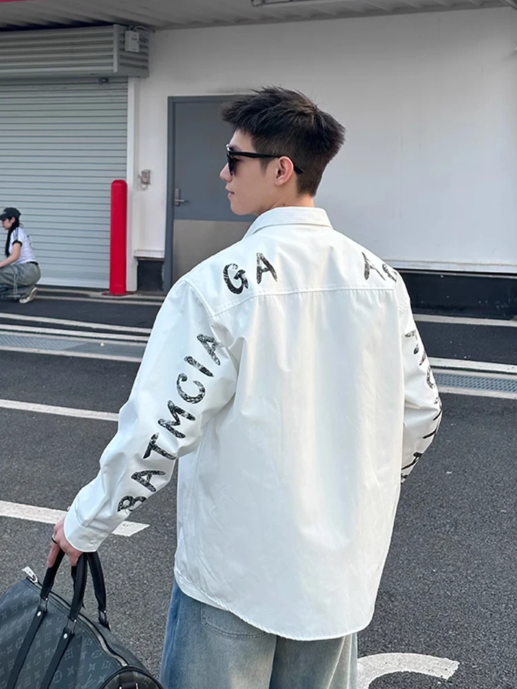 

American Sle Letter Print Long Sve irt Jaet for Men Casual Haome High End Feeling Spring Autumn Trendy Outerwear