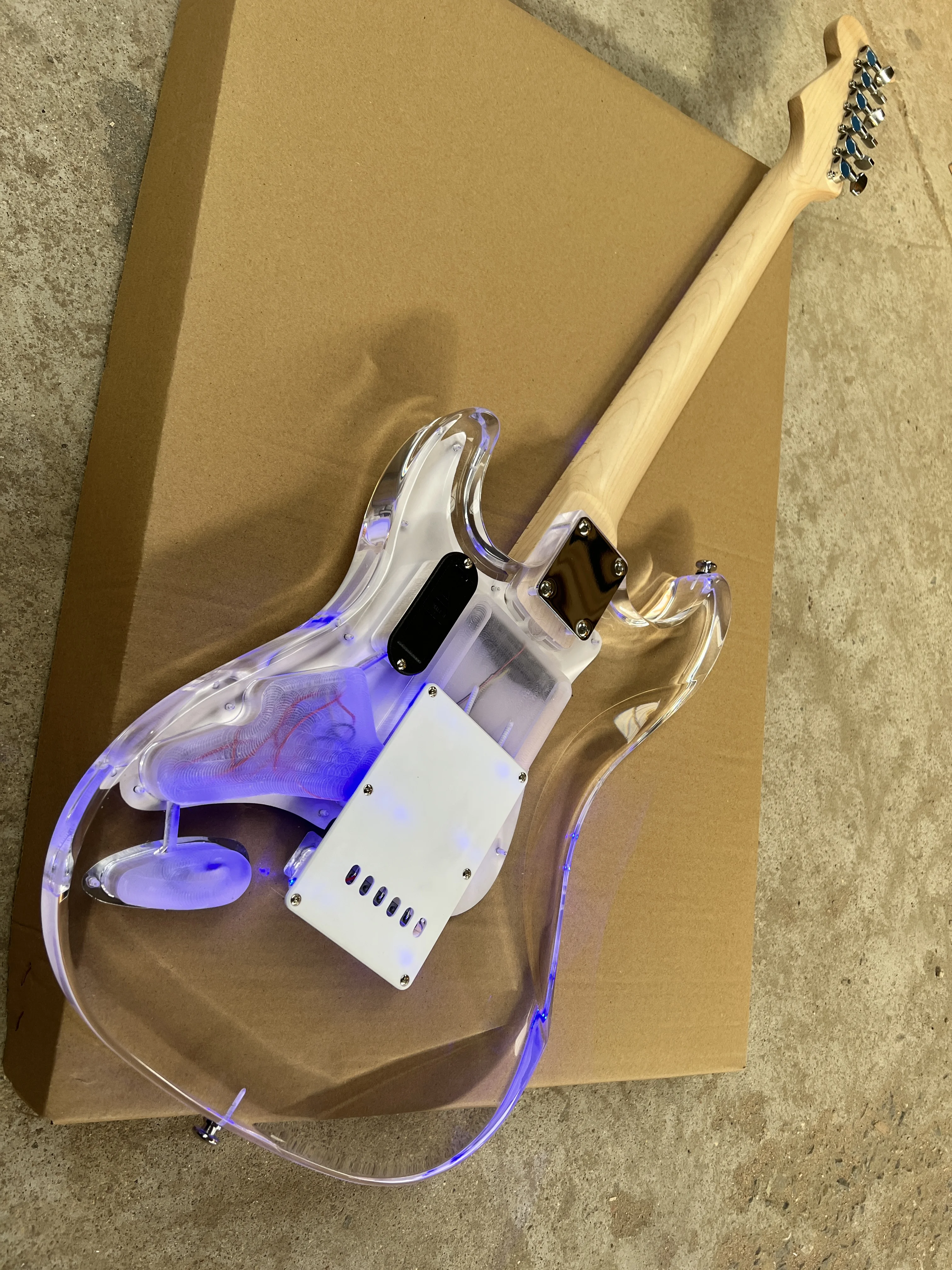 Acrylic clear crystal Plexiglas 6-string electric guitar Blue LED lights Maple guitar neck Free shipping