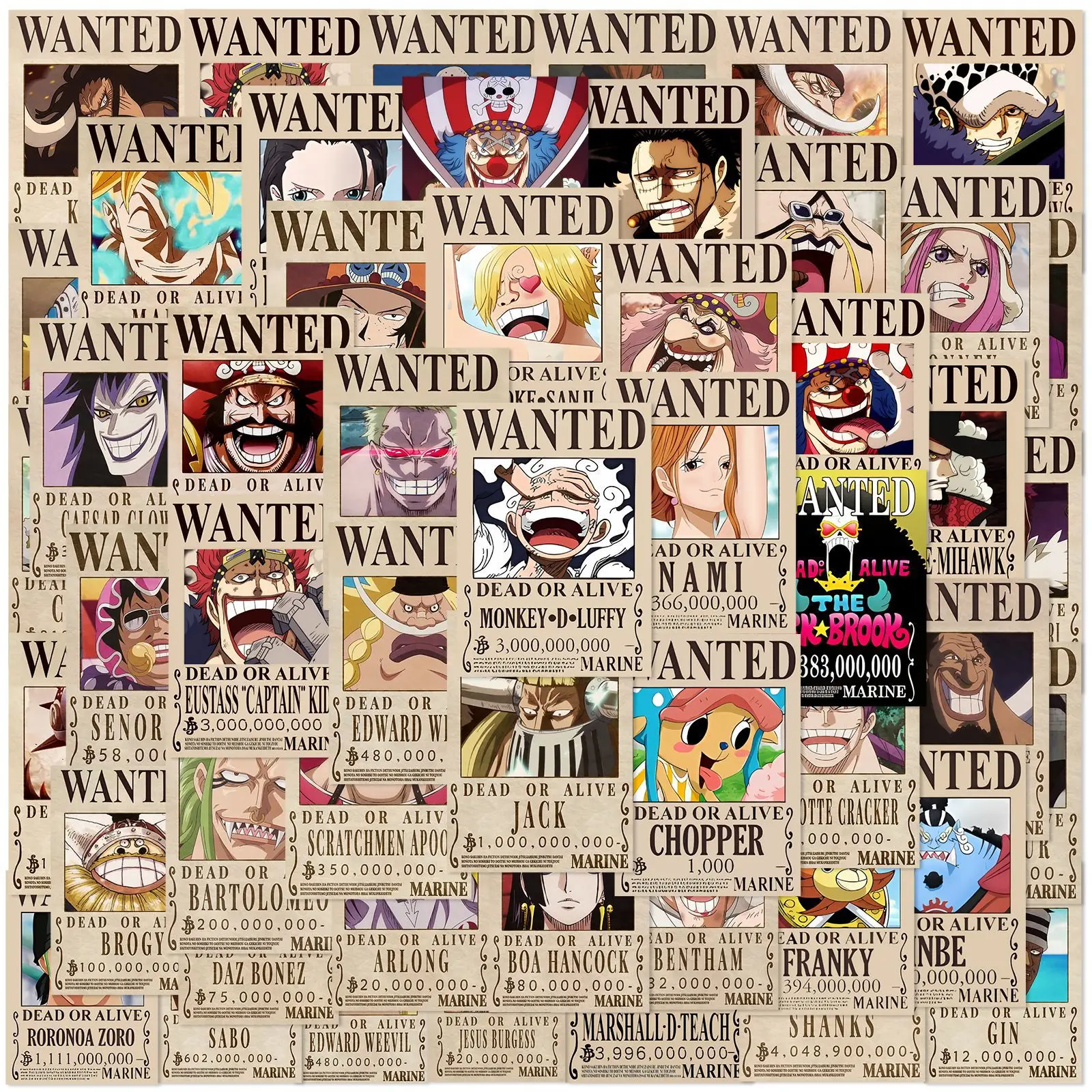 50PCS Anime One Piece Wanted Posters Stickers Cool Graffiti Decals DIY Phone Suitcase Laptop Fridge Wall Decoration Sticker Toy