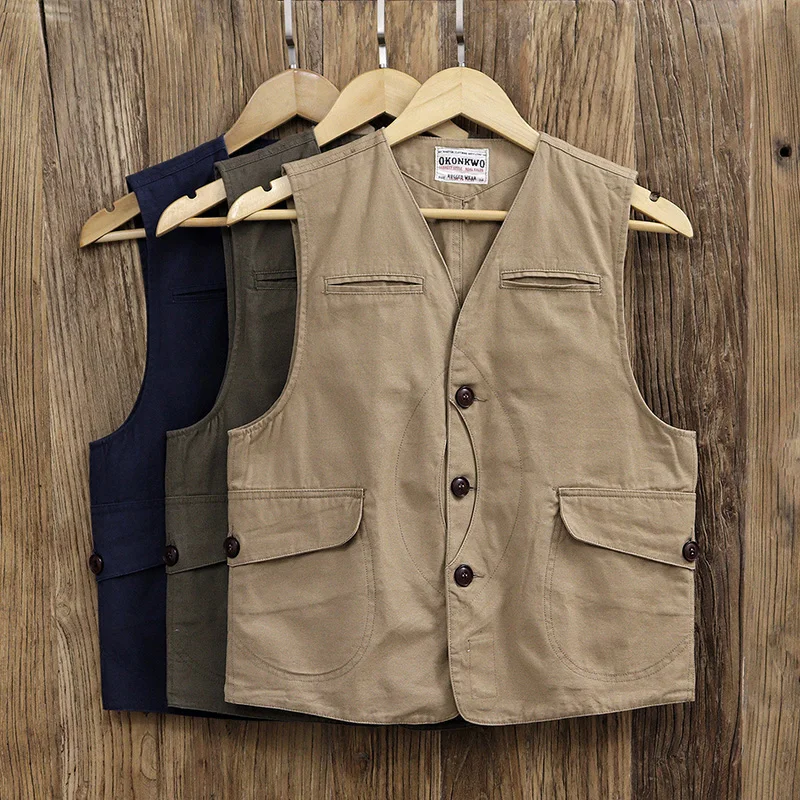 

American Retro Military Style Hunting and Fishing Cargo Vest Men's Fashion 100% Cotton Washed Canvas Multi Pocket Tooling Jacket